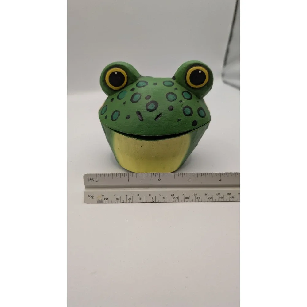 Vintage Hand Painted Wooden Frog Trinket Box Hinged Lid Storage Container